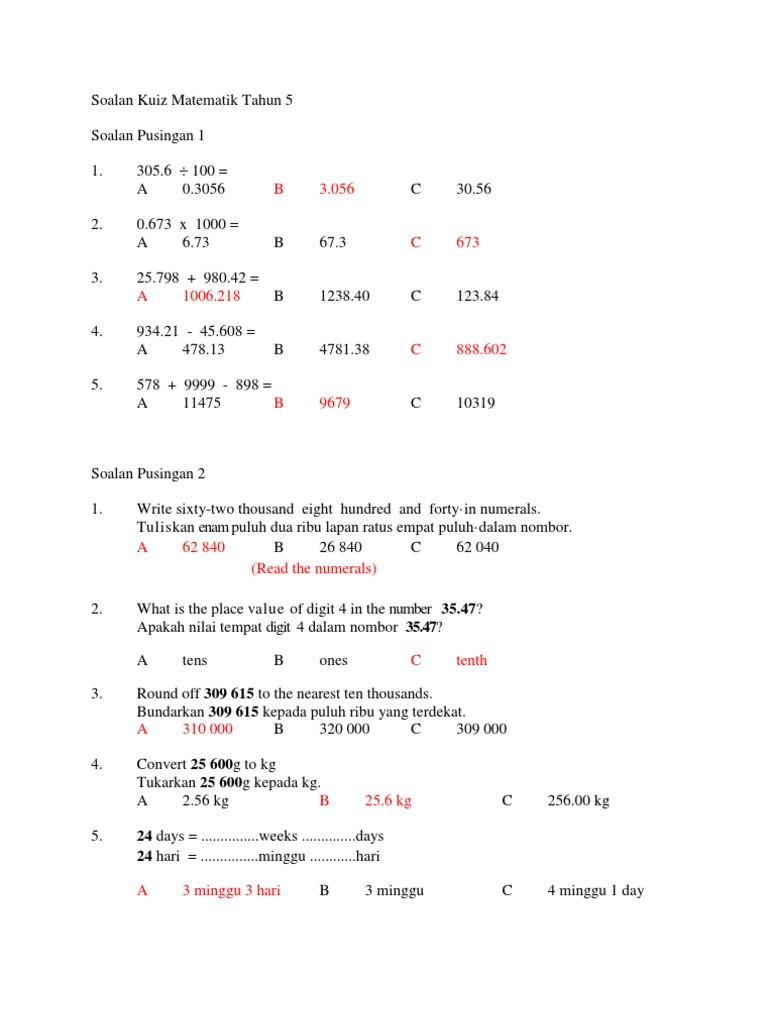 Soalan Matematik Tahun 5 Pdf - Malacca b