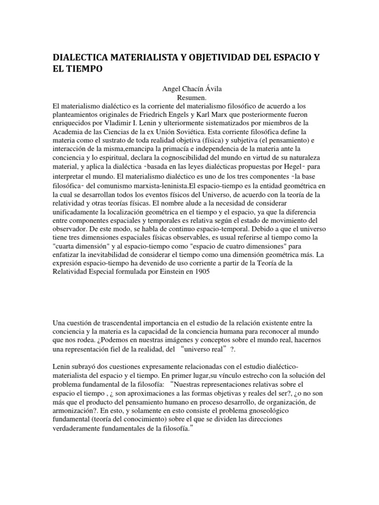 Dialectica Materialista Y Objetividad Del Espacio Y El Tiempo Pdf