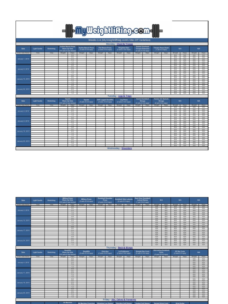 6 Day Max ot workout spreadsheet for Weight Loss