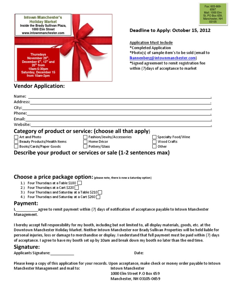 Vendor Application for Holiday Market | PDF