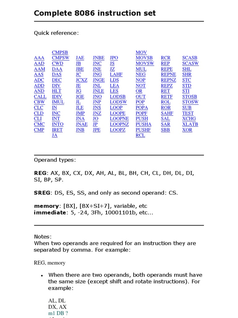 Complete 8086 instruction set instruction set binary coded decimal