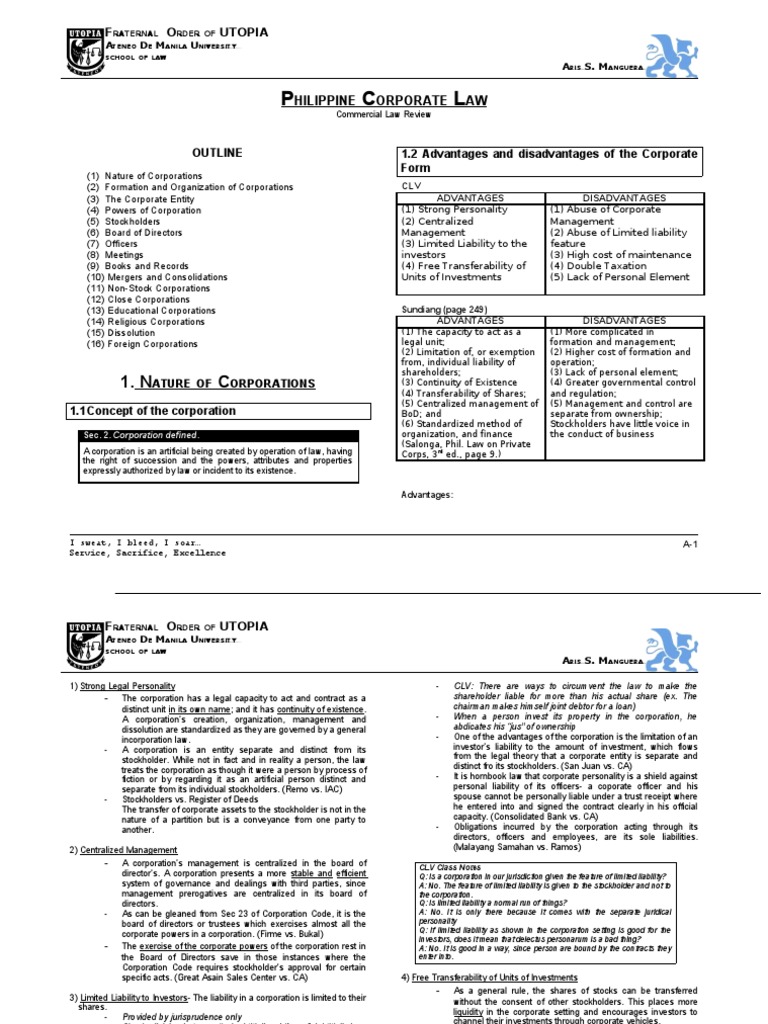 Utopia Corporation Law Reviewer | PDF | Partnership | Corporations
