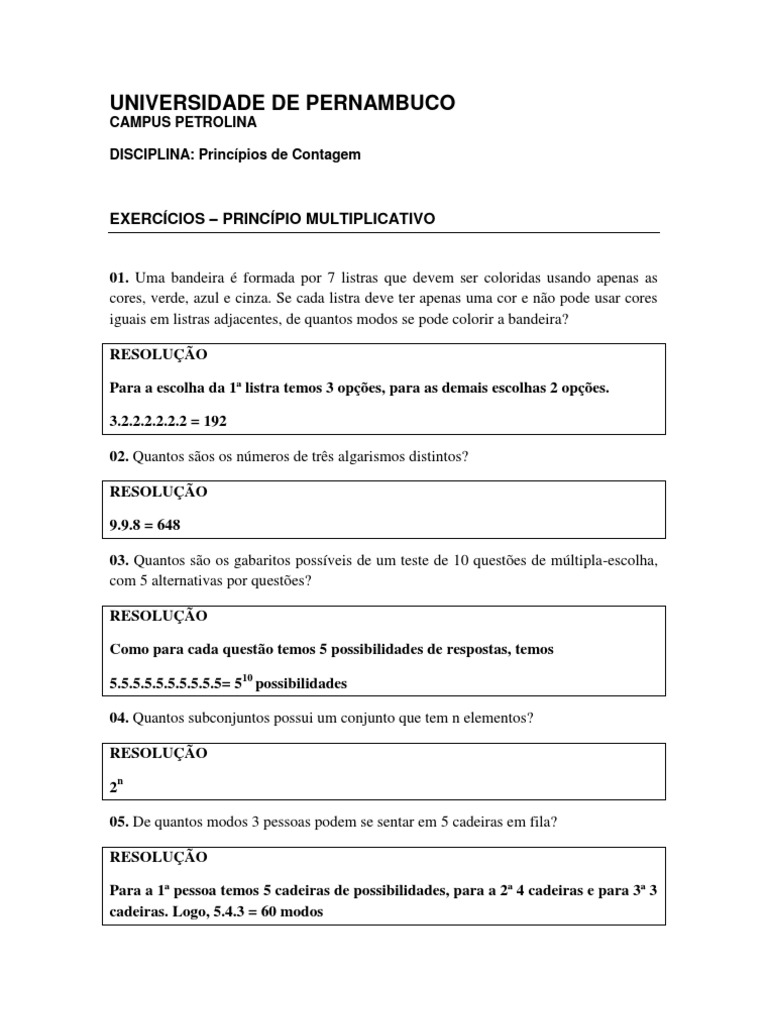 EXERCÍCIOS – PRINCÍPIO MULTIPLICATIVO - resolvidos