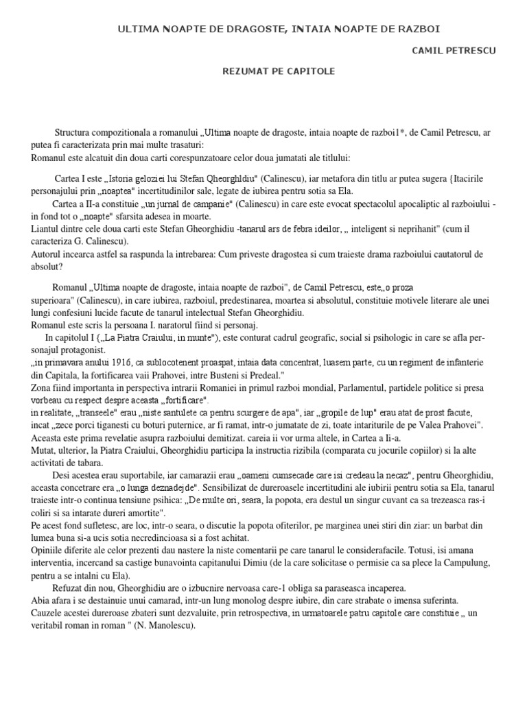 Rezumat Pe Capitole Ultima Noapte de Dragoste Intaia Noapte de Razboi
