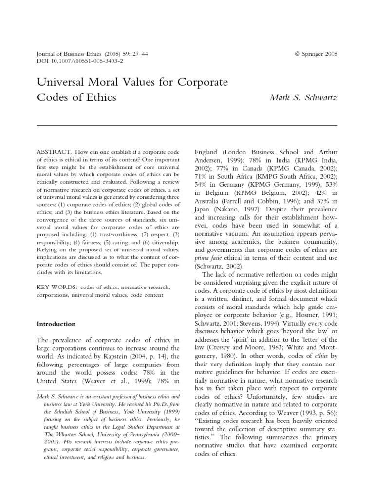 Universal Moral Values in Corporate Ethics | PDF | Value (Ethics ...