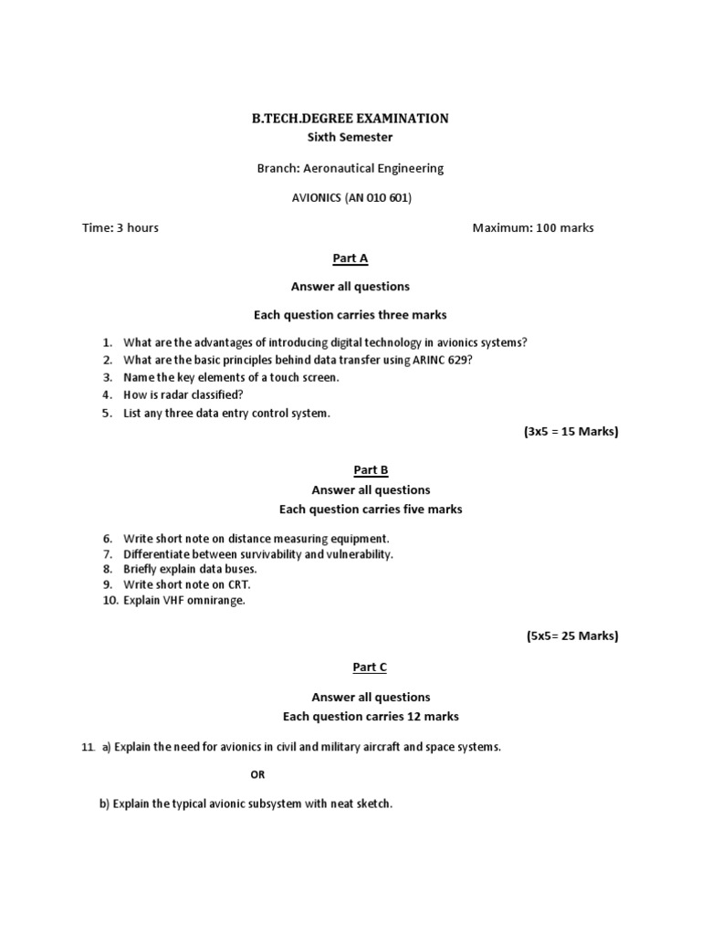 Avionics Exam Paper for B.Tech Students | PDF