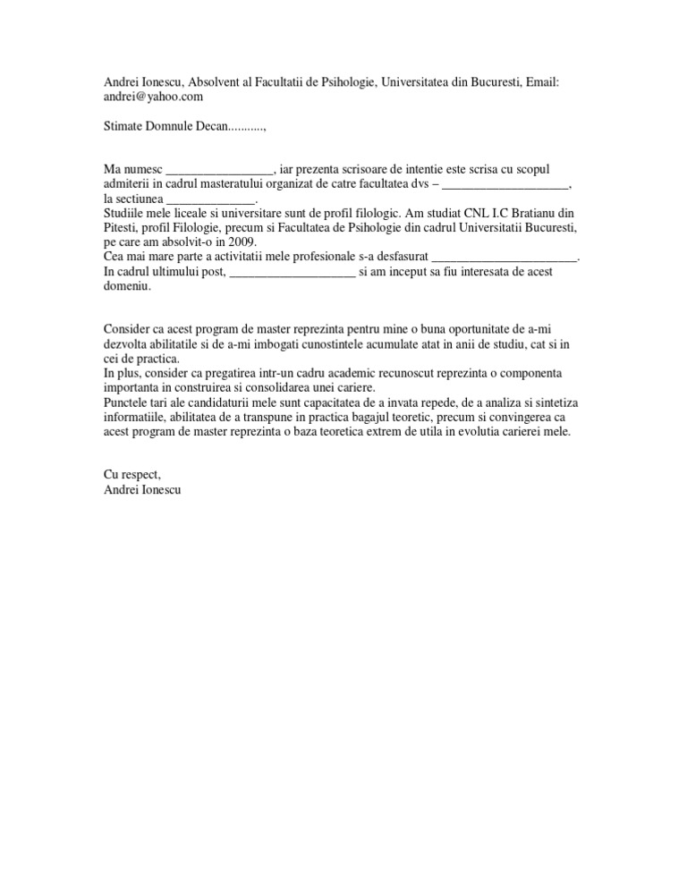 Model Scrisoare de Intentie Masterat