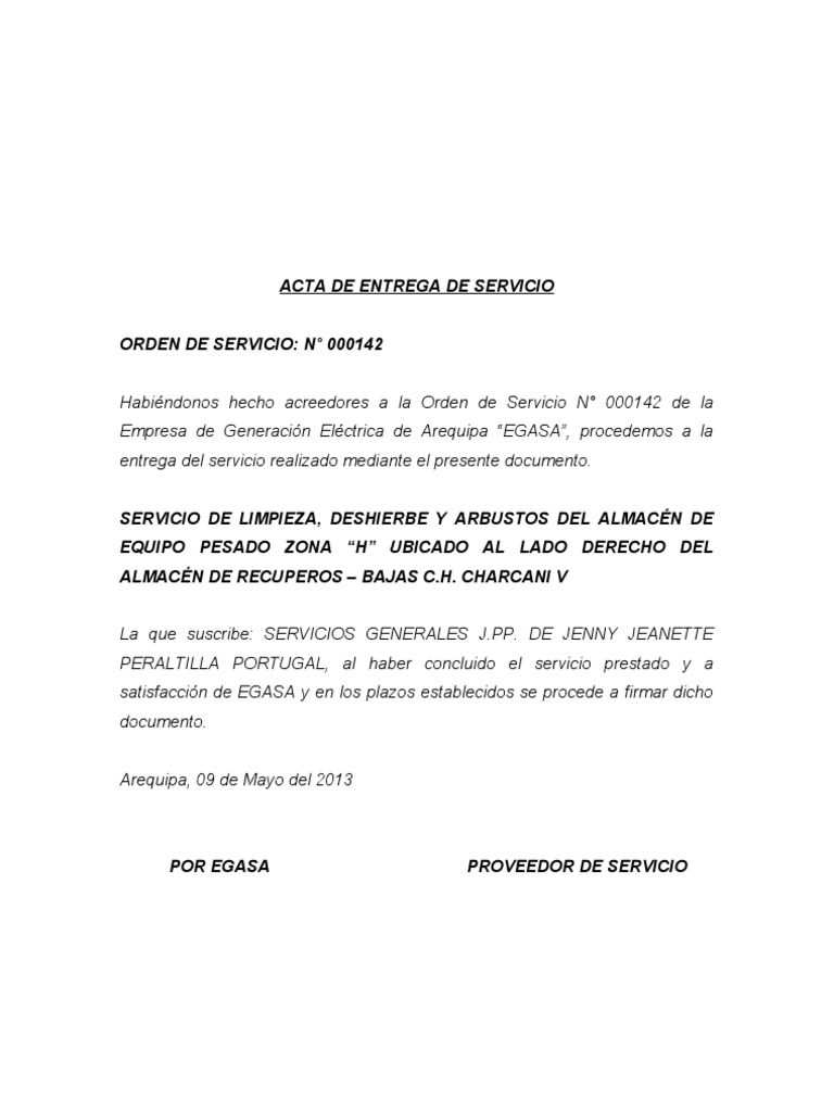 Acta de entrega de almacén