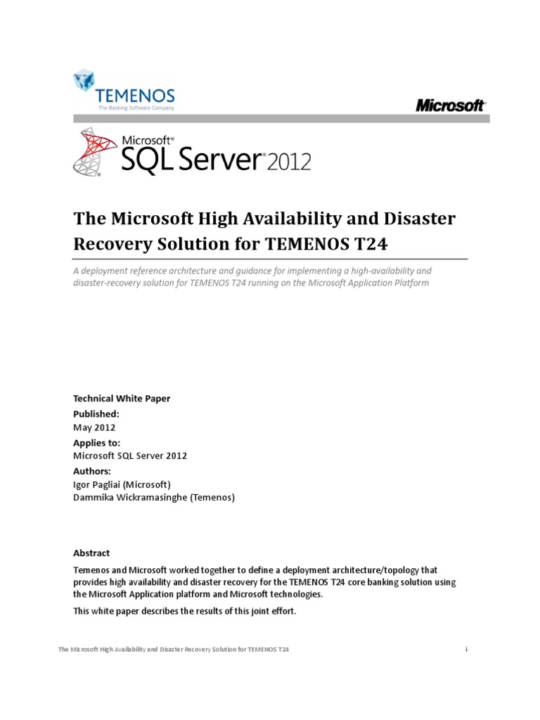 Temenos T24 and Microsoft SQL Server HADR White Paper | PDF