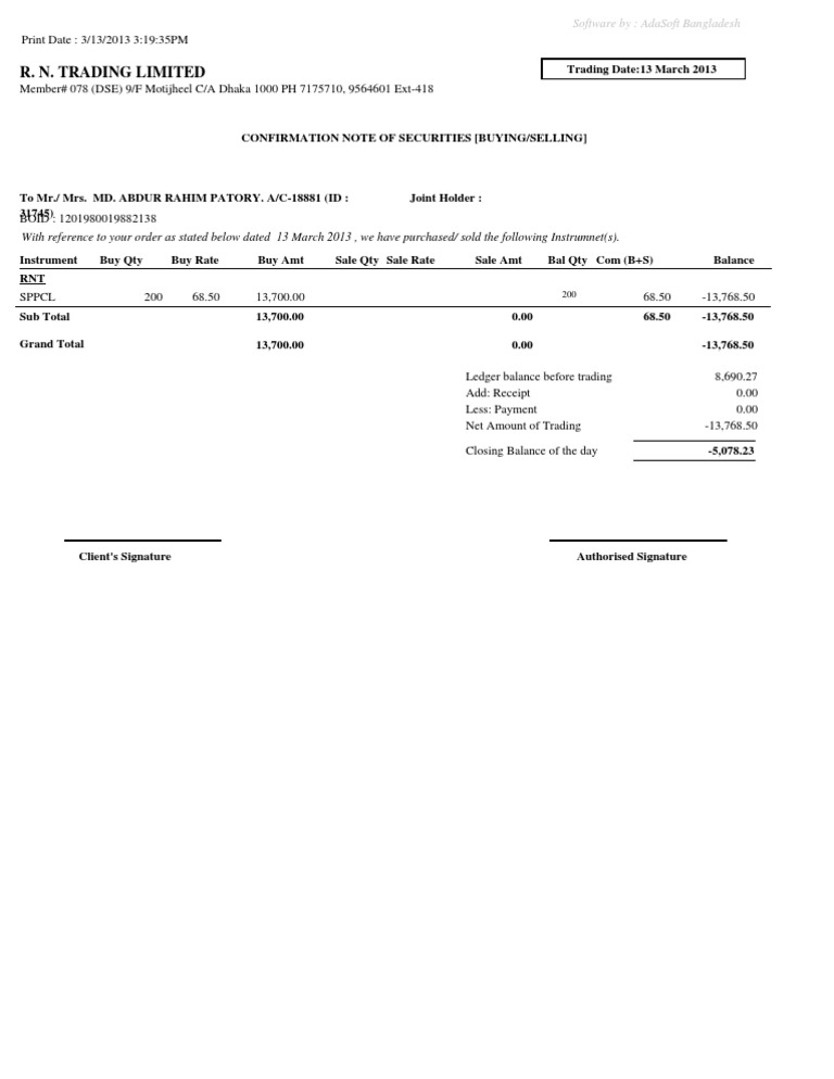 Securities Trading Confirmation Note | PDF