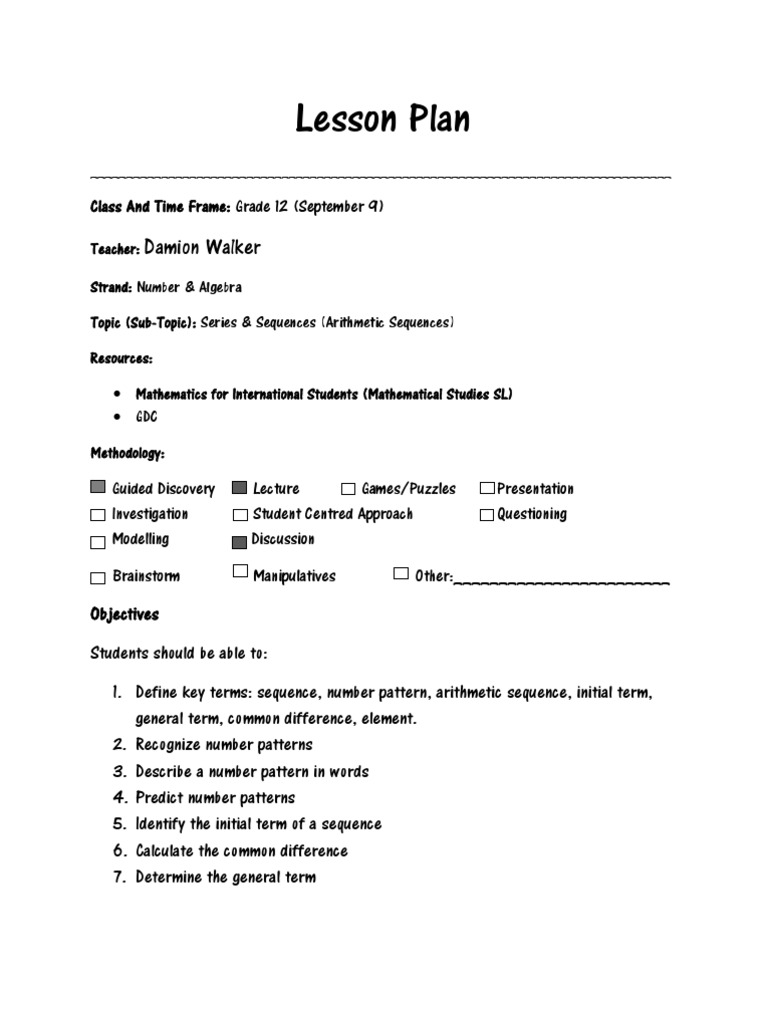 Grade 12 Arithmetic Sequences Lesson Plan | PDF | Art