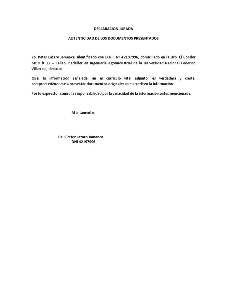 DECLARACION JURADA  España  Gobierno y personalidad
