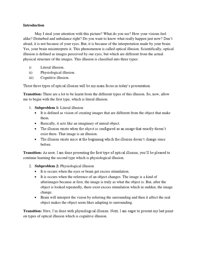 Optical Illusion Speech Outline PDF Illusion Experimental Psychology