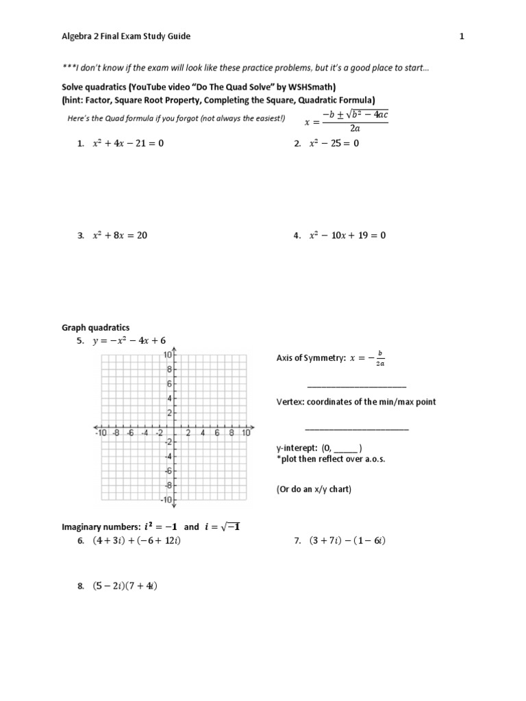 Algebra 2 Final Exam Study Guide Quadratic Equation Trigonometric