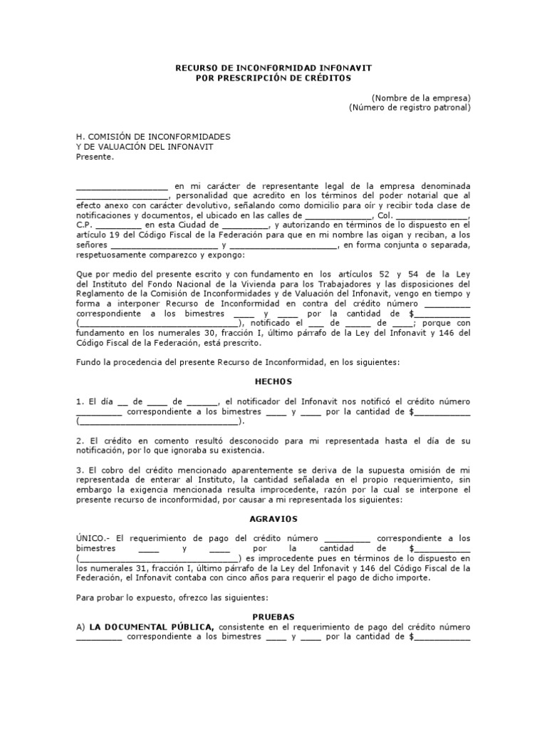 Recurso de Inconformidad Ante Infonavit Crditos Prescritos