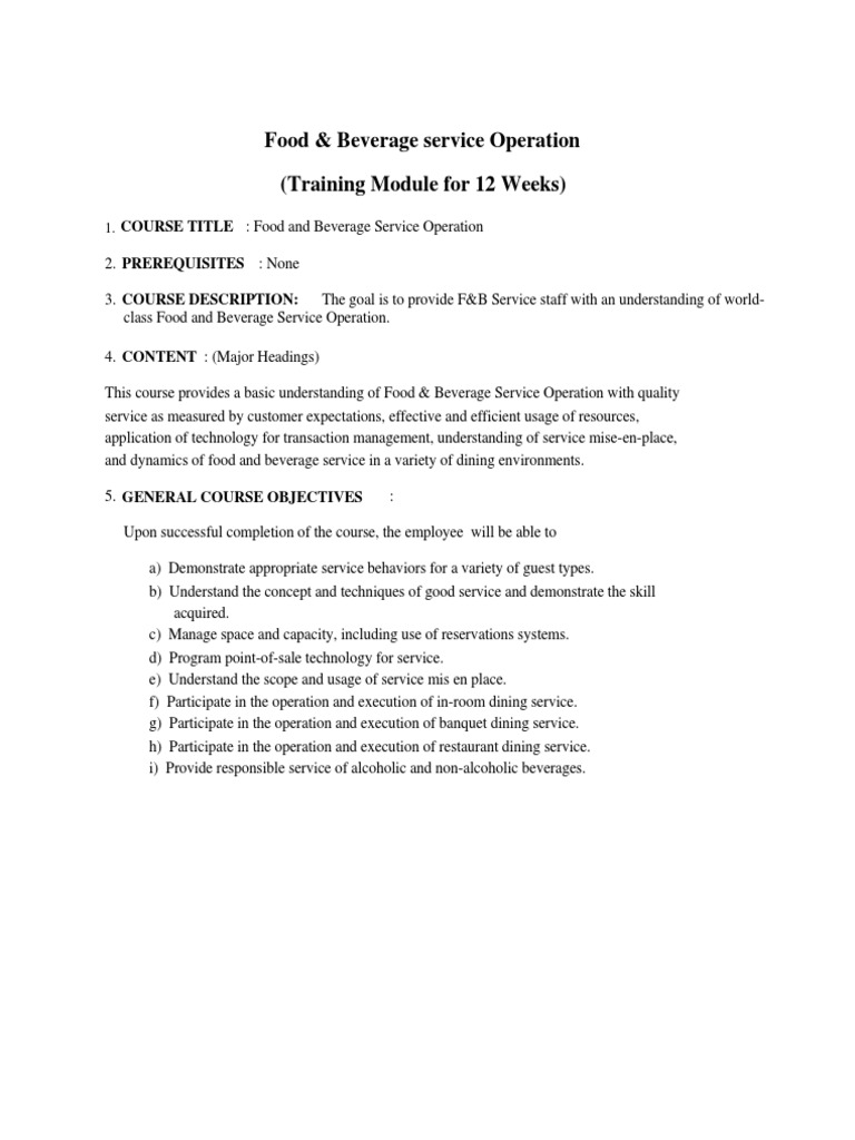 Training Module For F&B Service PDF Restaurants Tableware