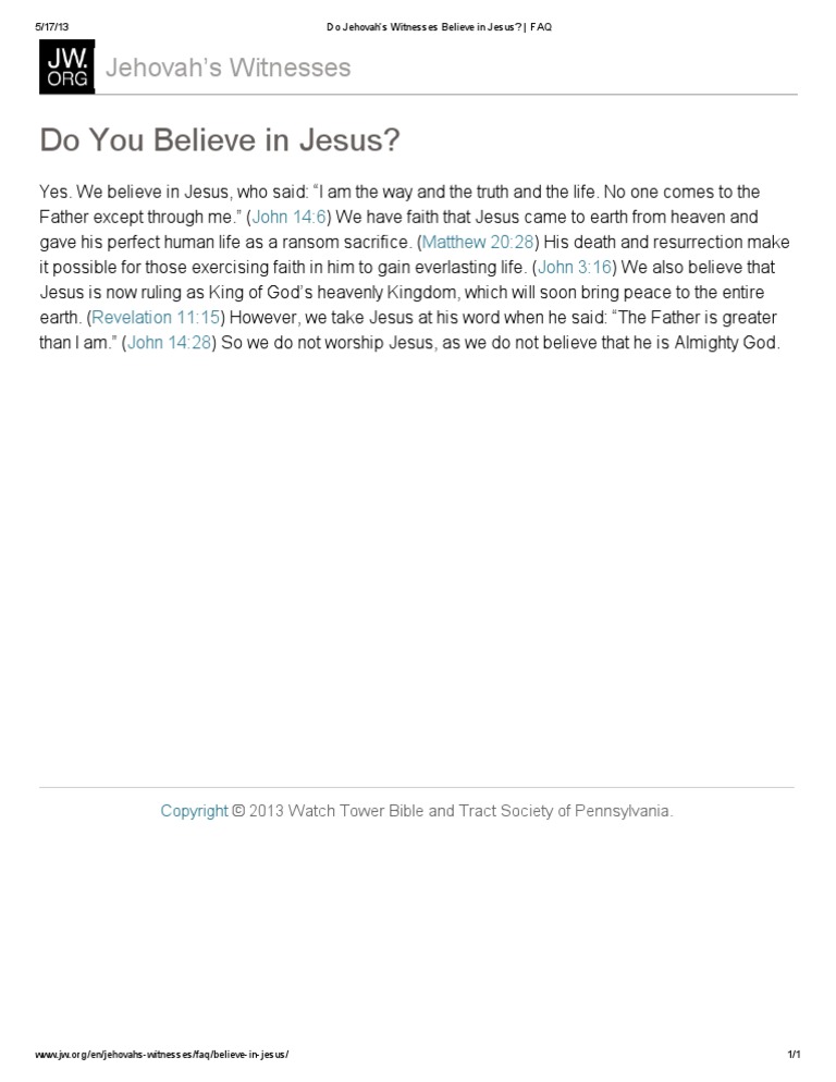 Do Jehovah's Witnesses Believe in Jesus? PDF