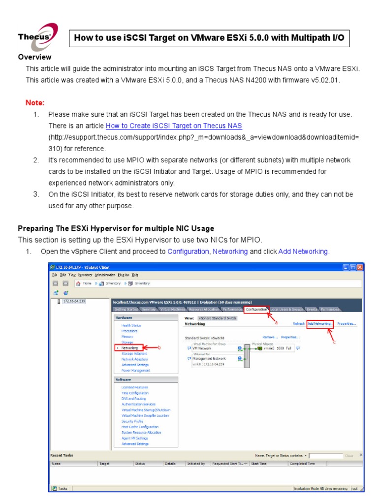 iSCSI Setup on VMware ESXi 5.0 with MPIO | PDF | V Mware | Virtual Machine
