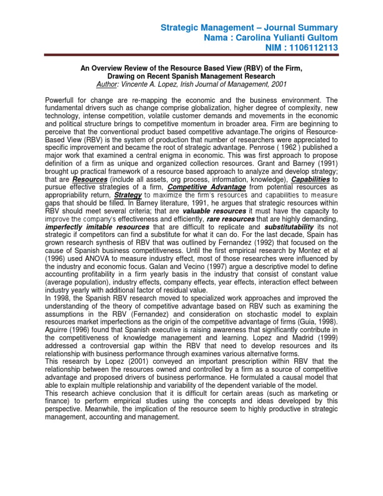 Resource-Based View in Strategic Management | PDF | Strategic ...