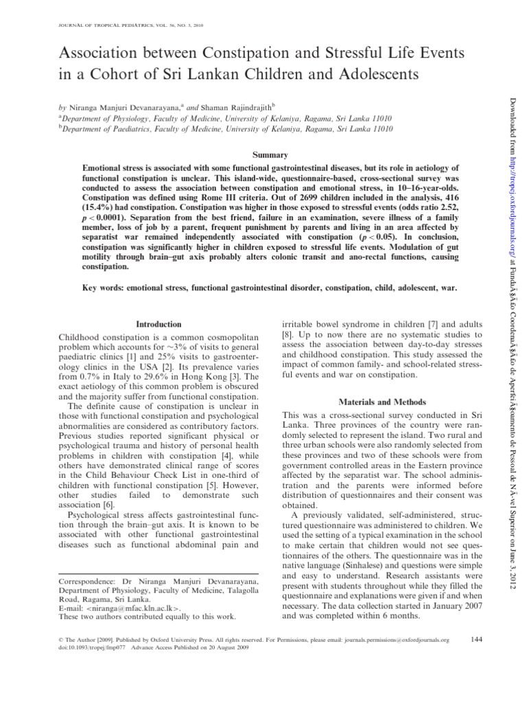 Association Between Constipation and Stressful Life Events in A Cohort ...
