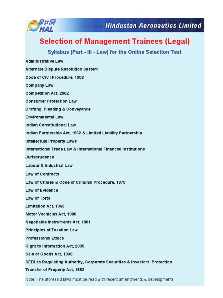 HAL Management Trainee Law Syllabus | PDF | Corporate Law | Partnership