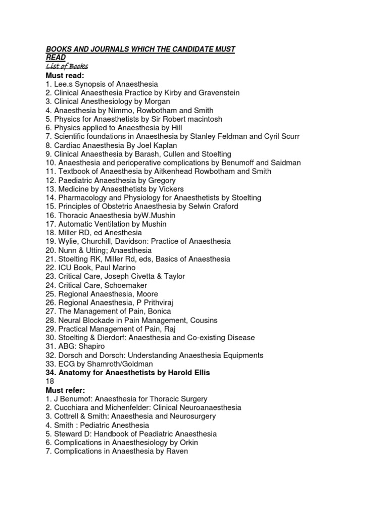 List of Must Read Books and Journals For DNB Anaesthesia PDF