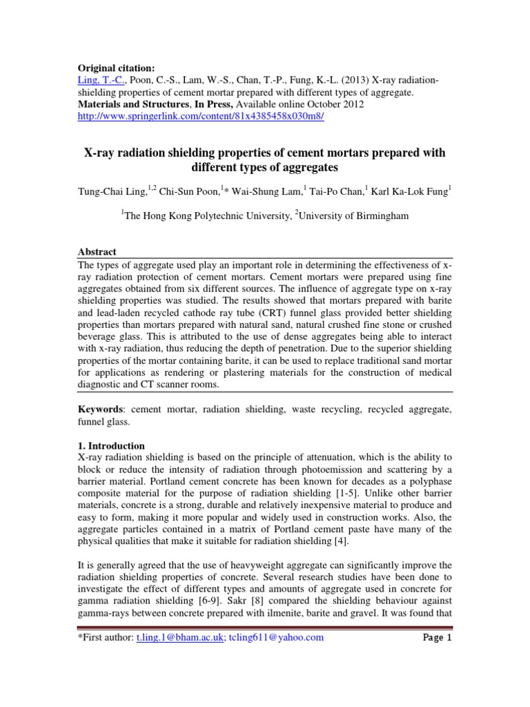 XRay Radiation Shielding Properties of Cement Mortars Prepared With