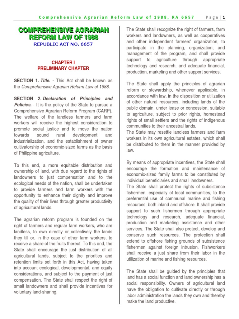 Comprehensive Agrarian Reform Law of 1988 | PDF