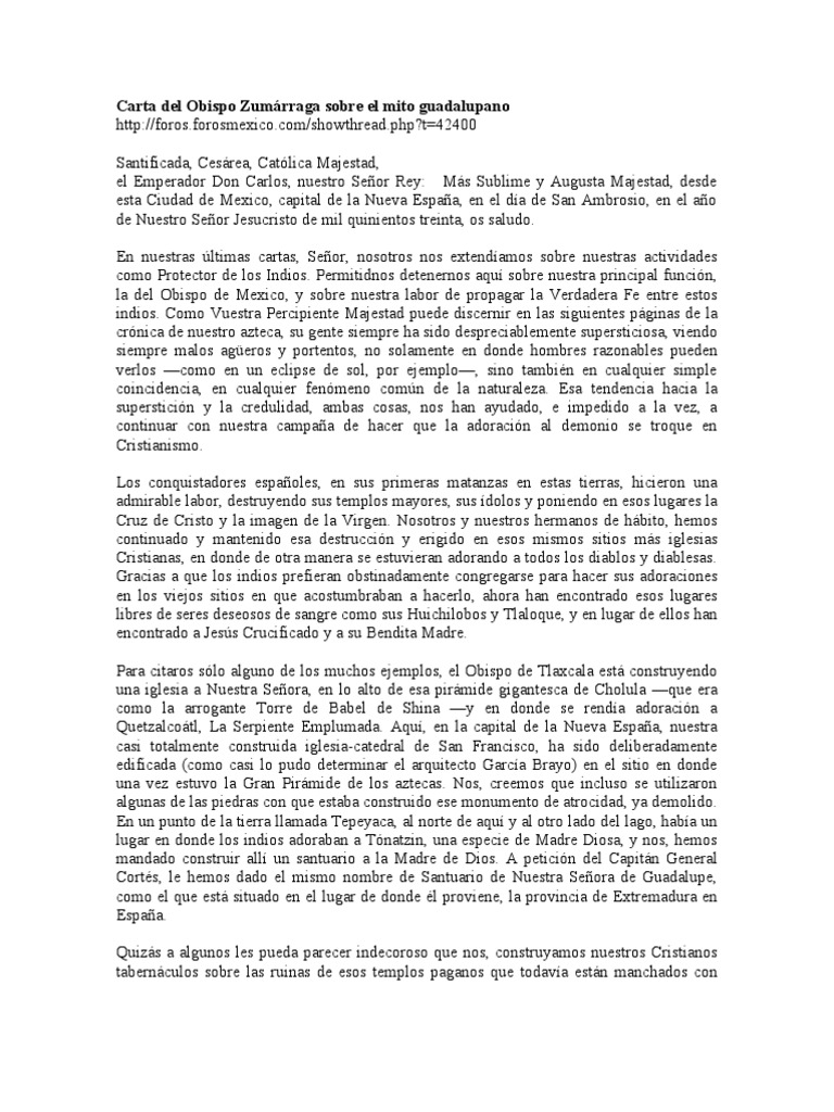 10.- Carta del Obispo Zumárraga sobre el mito guadalupano 