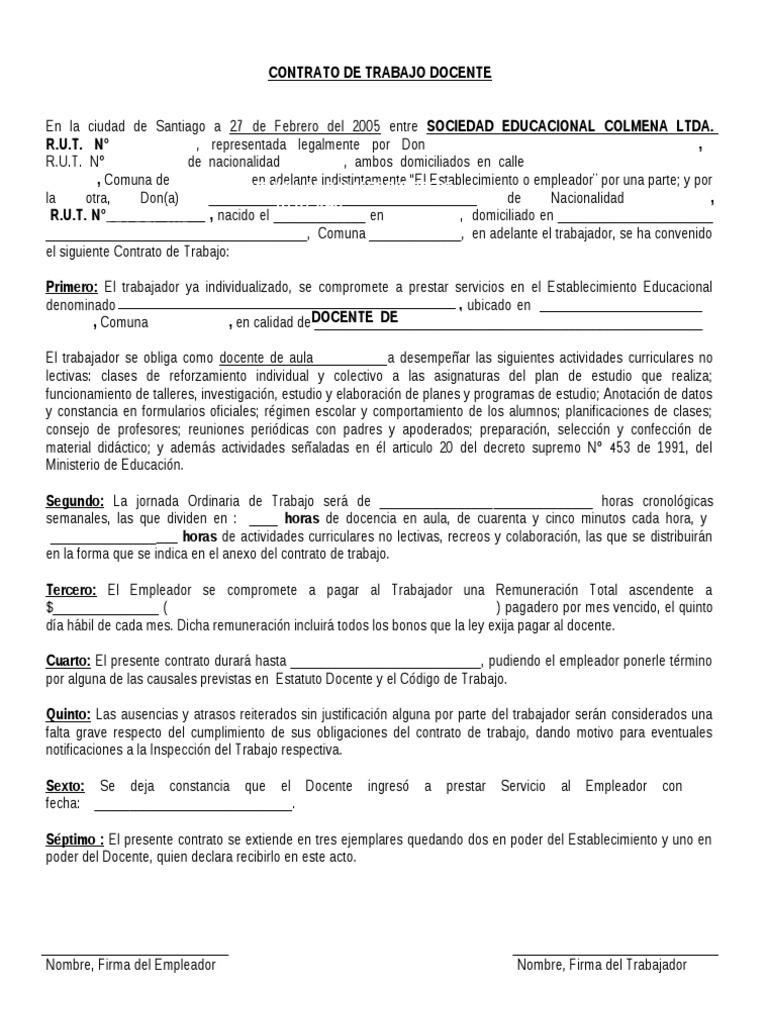 Modelo de Contrato Docente | Maestros | Educación avanzada | Prueba