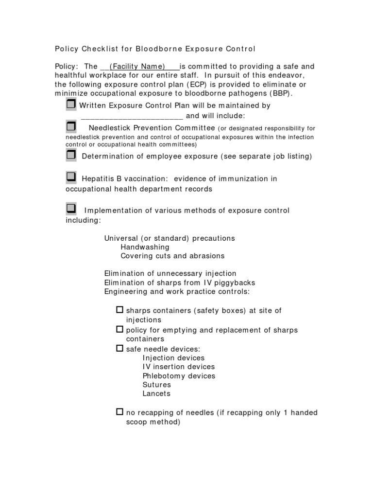 Policy Checklist For Bloodborne Exposure Control | PDF