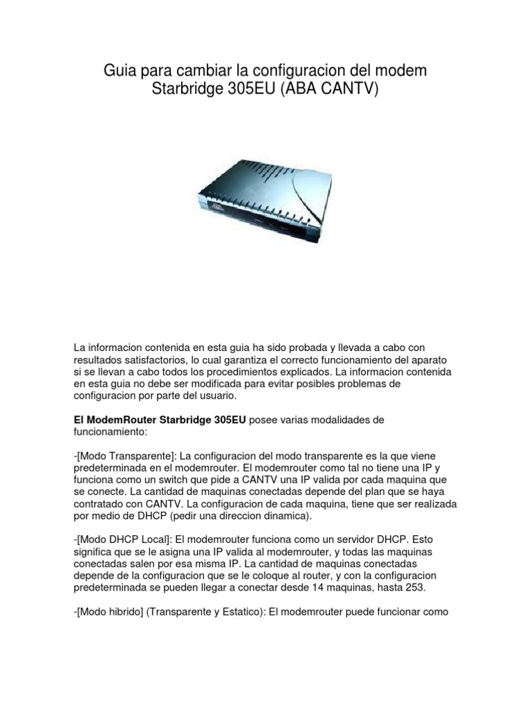 Configuración del módem Starbridge 305EU | PDF | Dirección IP ...