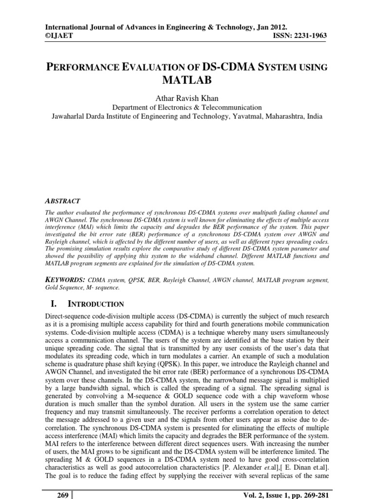 Performance Evaluation of Ds-Cdma System Using Matlab | PDF ...
