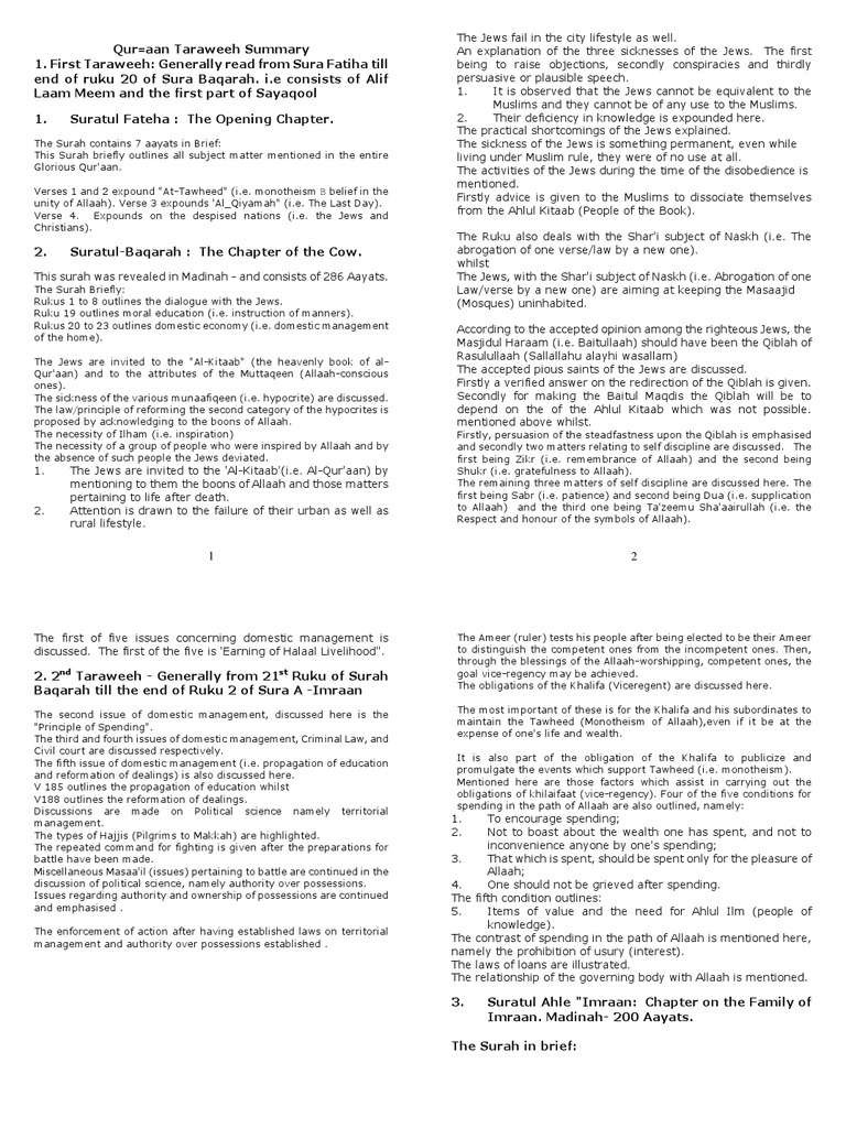 Quraan Taraweeh Summary Tawhid Surah scribd