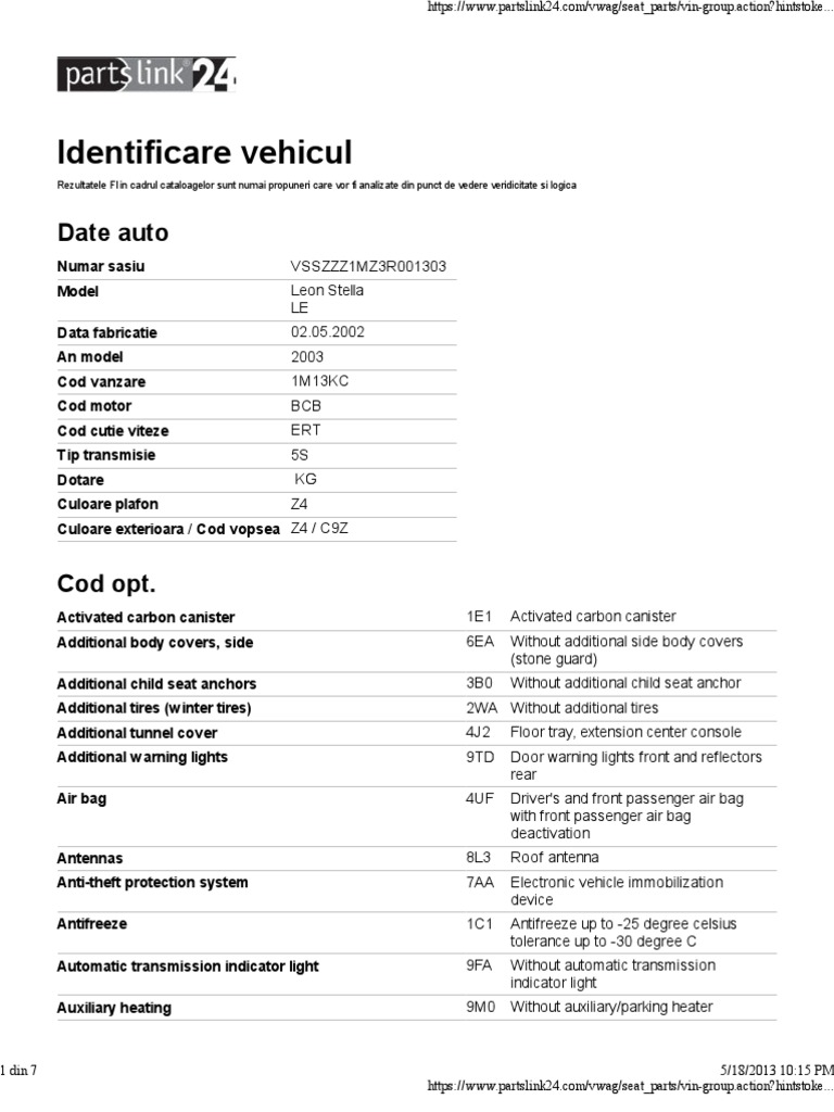 Identificare vehicul: Date auto
