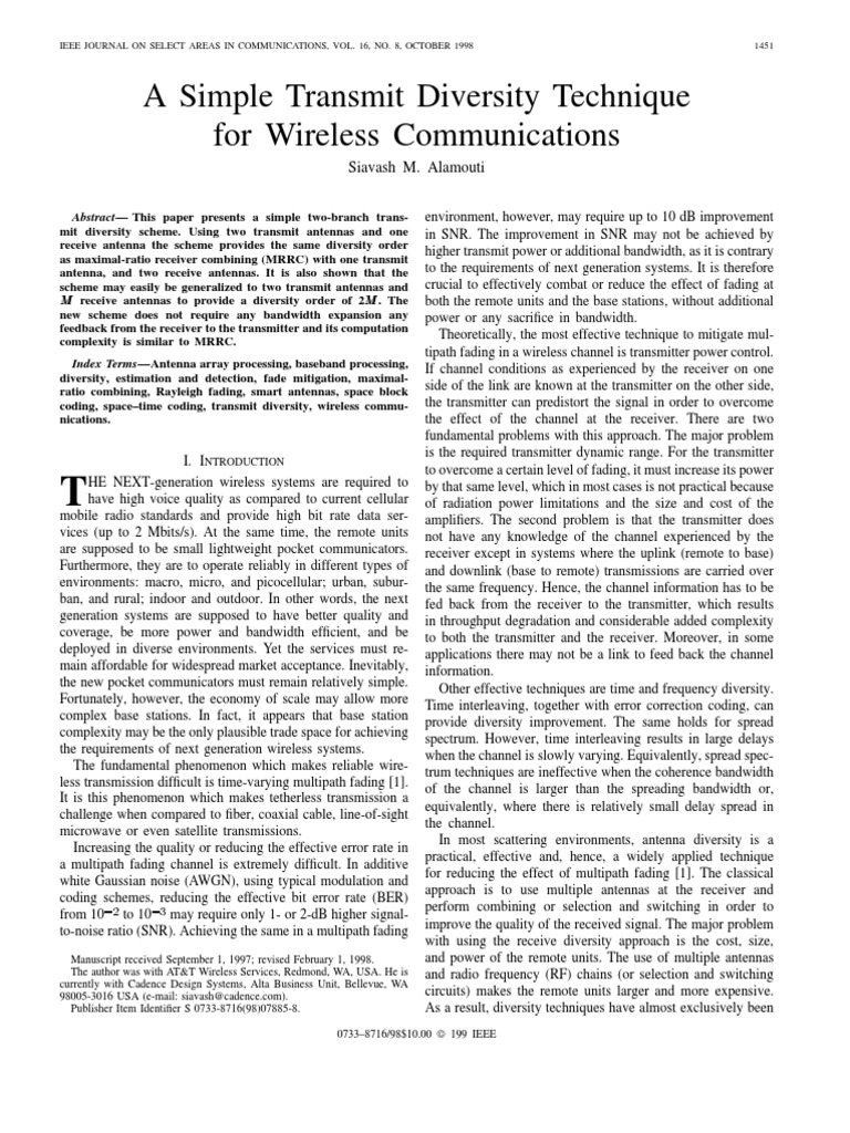 A Simple Transmit Diversity Technique For Wireless Communications | PDF ...