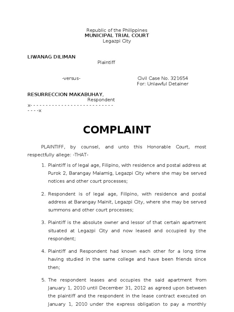 Sample Complaint For Ejectment doc Plaintiff