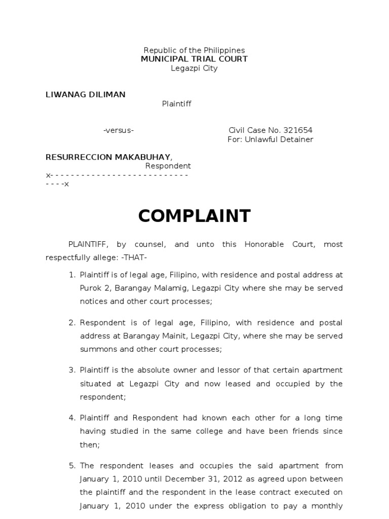 sample complaint for ejectment.doc | Lease | Lawsuit