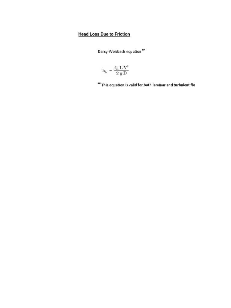 Head Loss Due To Friction DarcyWeisbach Equation PDF