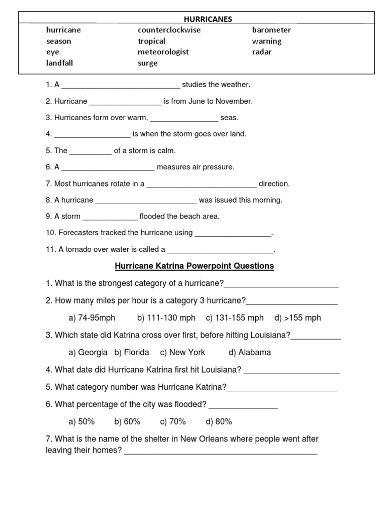 Hurricane Katrina Worksheet