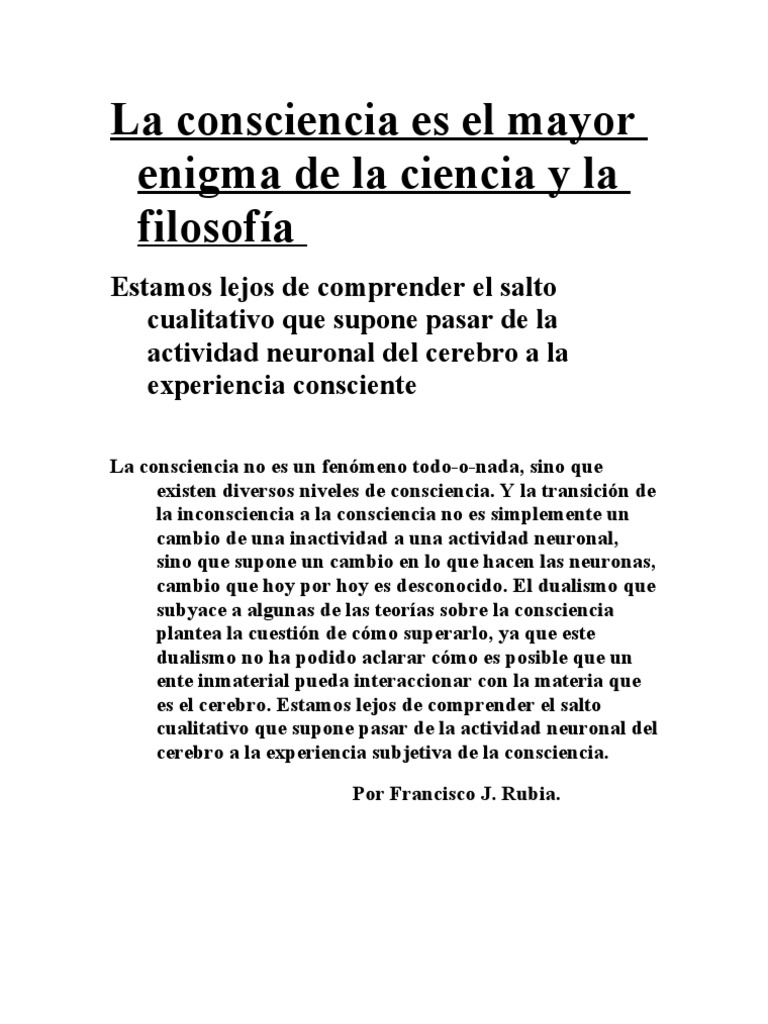 Conciencia Por Francisco J Rubia PDF Mente Corteza cerebral