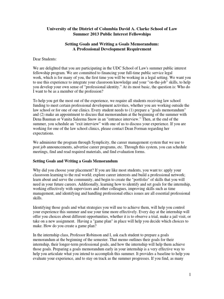 Setting Goals and Writing a Goals Memorandum Internship Educational Psychology