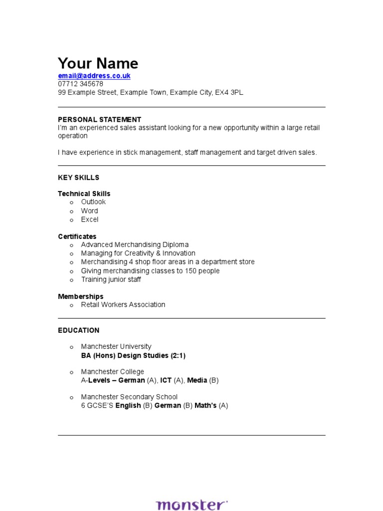 Retail - Sales Assistant CV Template