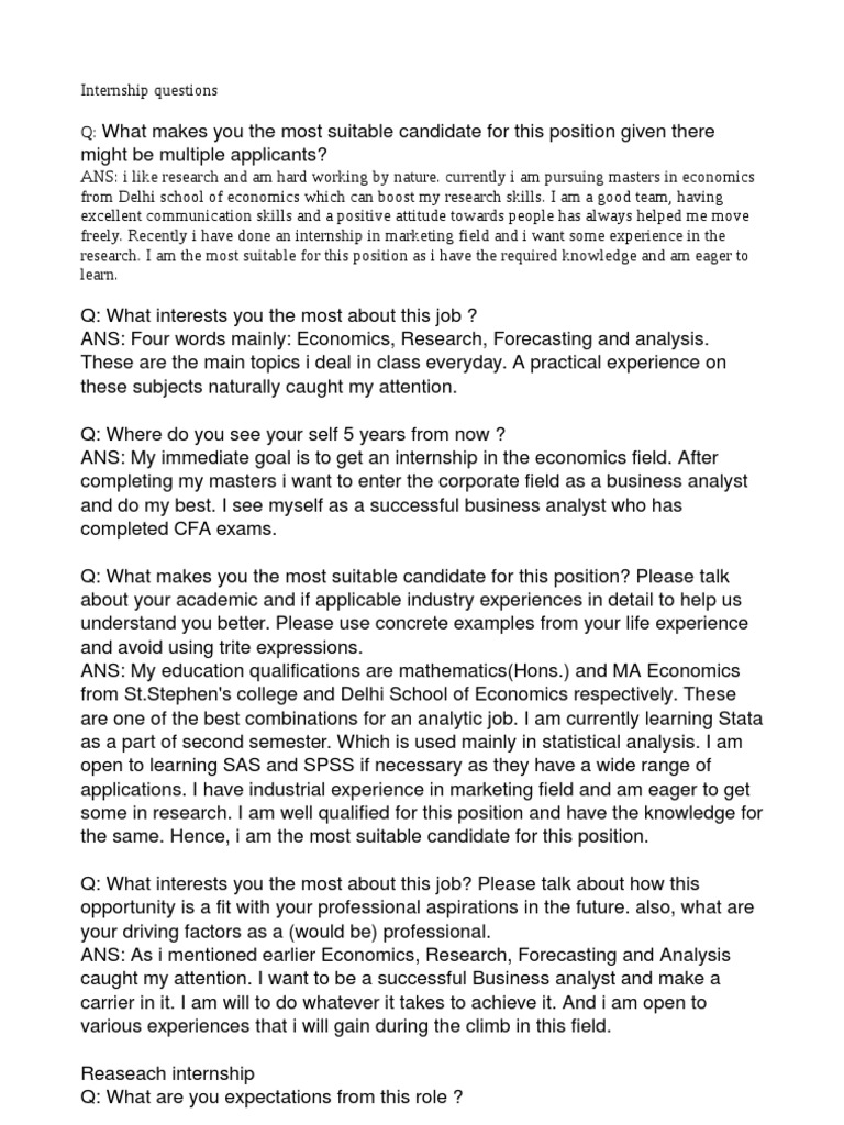Internship Questions Internship Job Hunting