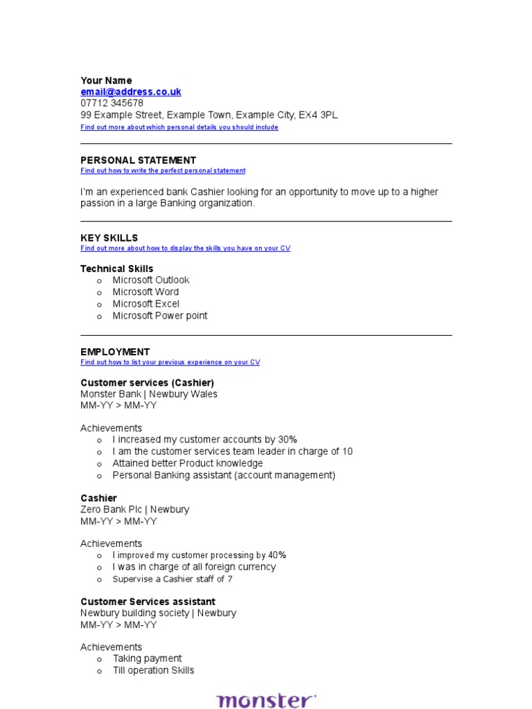Finance - Bank Cashier CV Template | PDF | Business