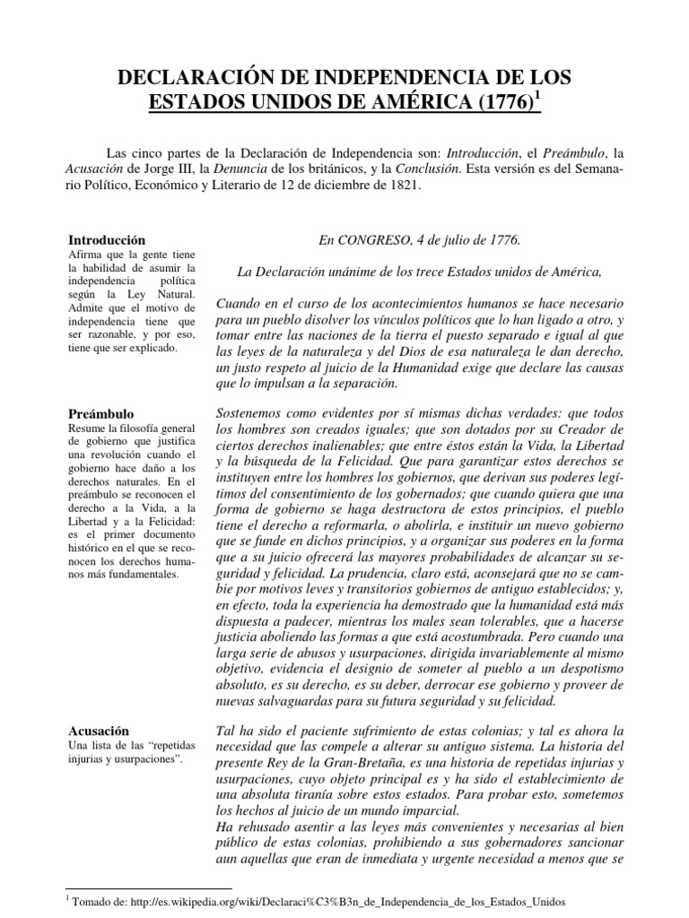 Declaración de Independencia de Los Estados Unidos de América | PDF