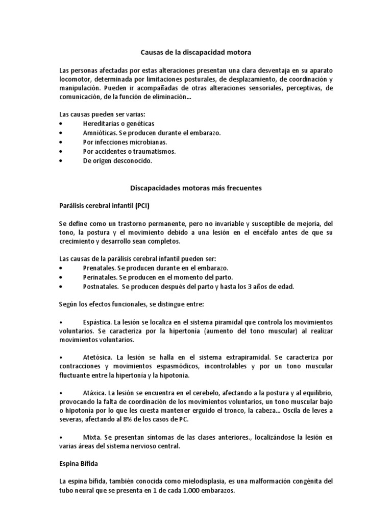 Causas de La Discapacidad Motora | PDF | Parálisis cerebral | Medicina ...