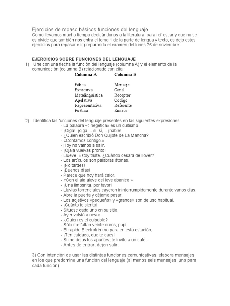Ejercicios sobre funciones del lenguaje | PDF | Comunicación humana ...