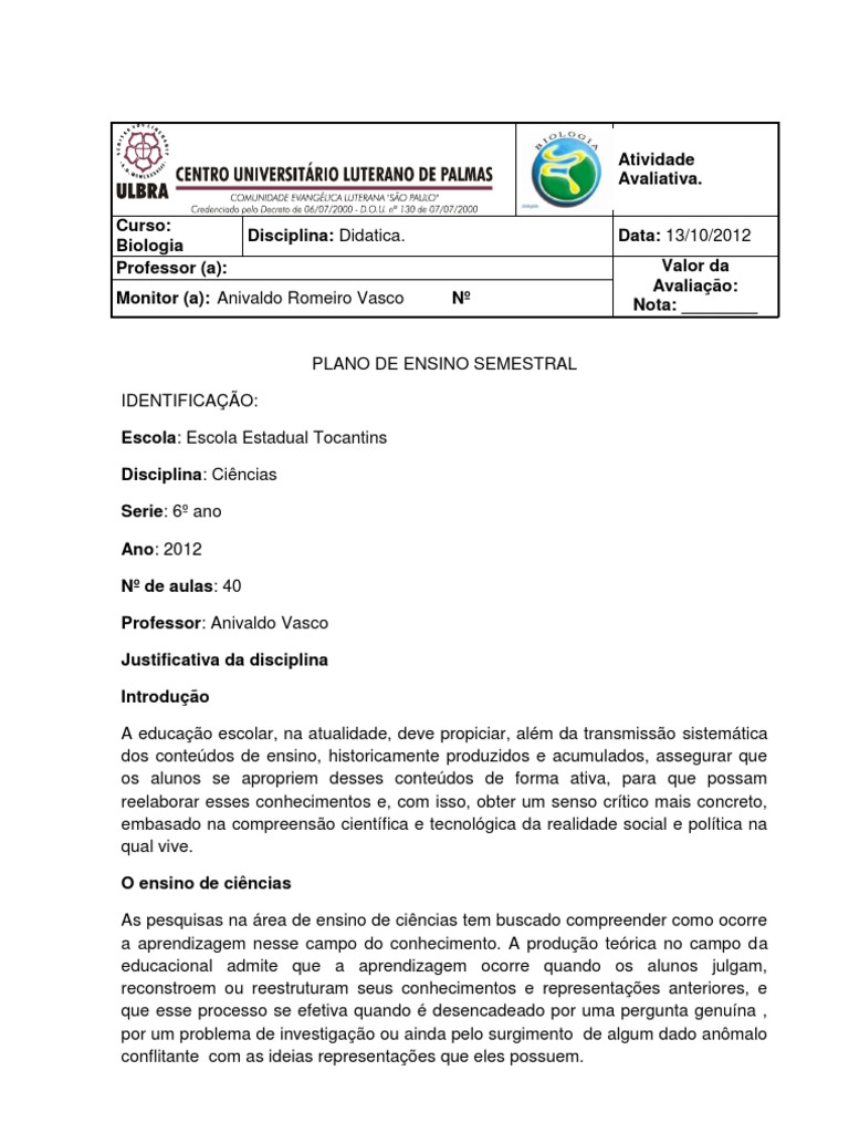 Modelo de Plano de Ensino Semestral | PDF | Ambiente natural | Science