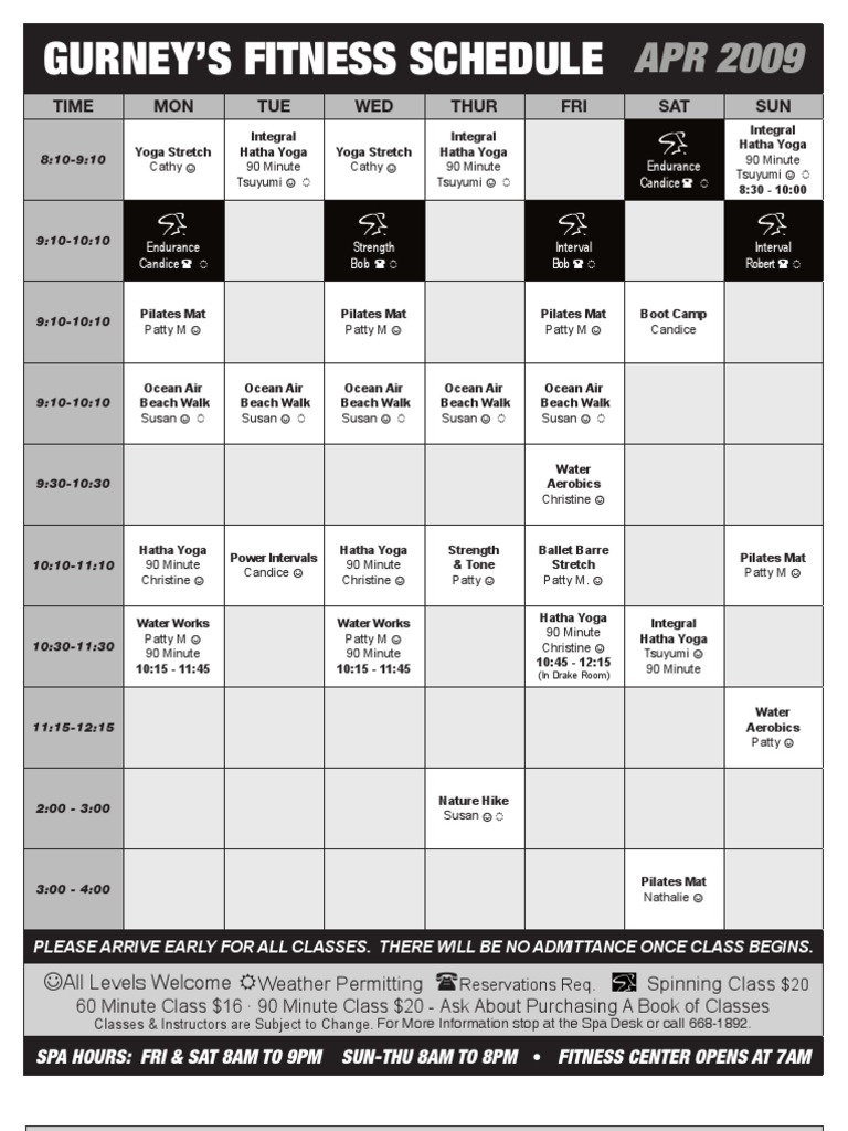 Gurney's Fitness Schedule April 2009 | Strength Training | Flexibility